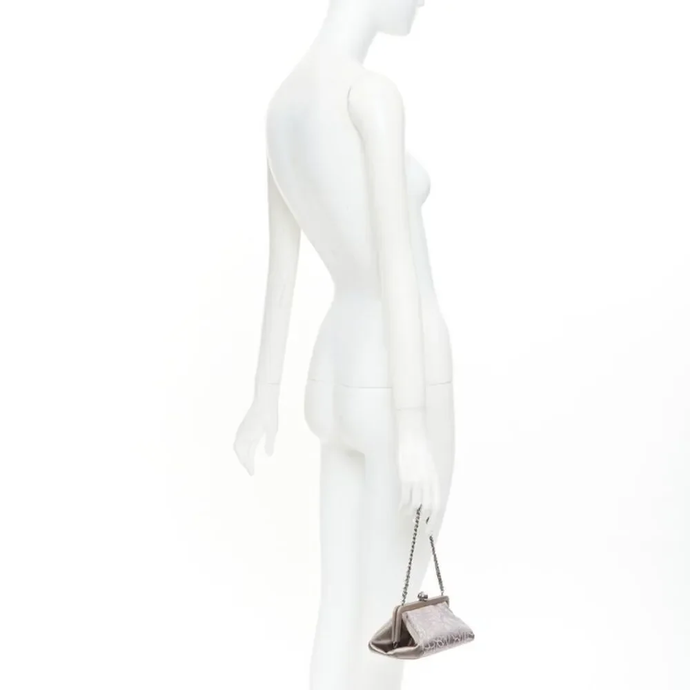CHANEL 2000 pink pearl beaded grey satin crystal CC kiss lock frame clutch bag